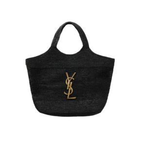 Maxi-Tote aus verziertem Raffia in Schwarz 38 cm