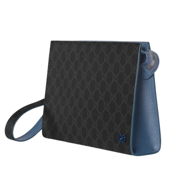 Kleine, zweifarbige Pouch Blauer Lederbesatz 26 cm